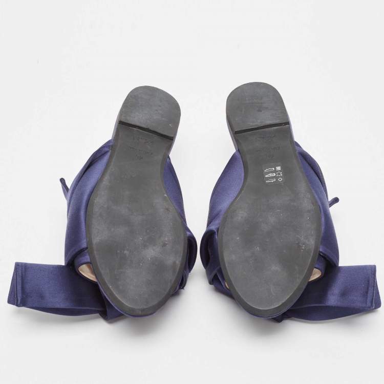 Pre Owned N21 Dark Blue Satin Knot Flat Mules Size 39