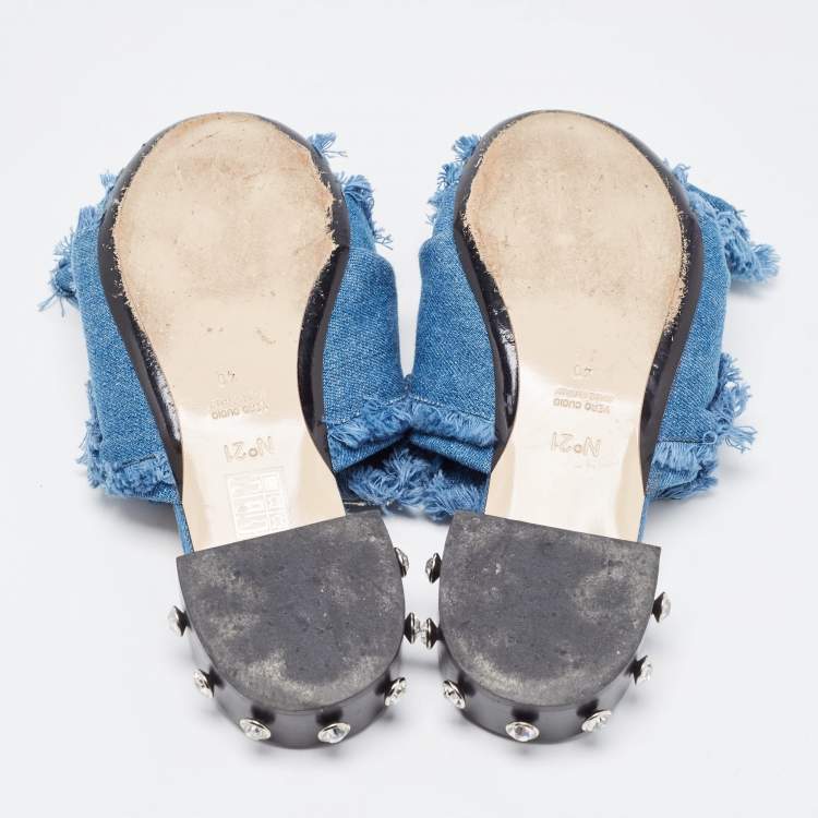 Pre Owned N21 Blue Denim Crystal Embellished Knotted Flat Sandals Size 40