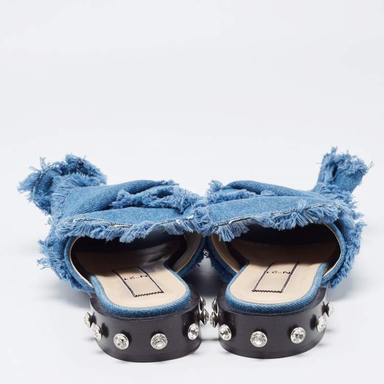 Pre Owned N21 Blue Denim Crystal Embellished Knotted Flat Sandals Size 40