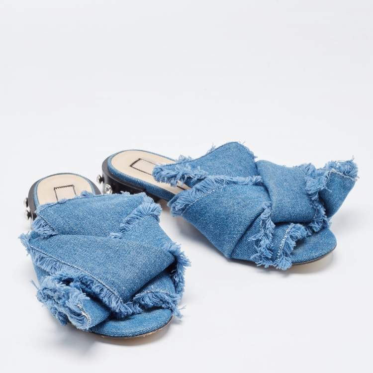 Pre Owned N21 Blue Denim Crystal Embellished Knotted Flat Sandals Size 40