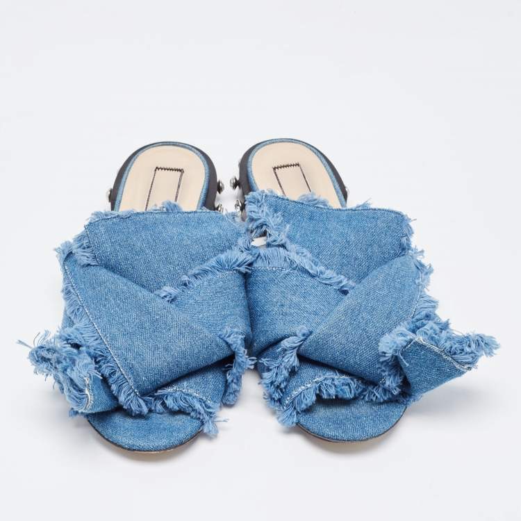 Pre Owned N21 Blue Denim Crystal Embellished Knotted Flat Sandals Size 40