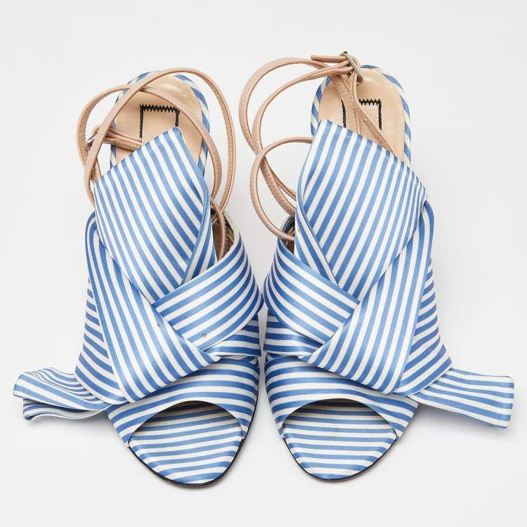 Pre Owned N21 Tricolor Striped Satin and Leather Knotted Ankle Strap Sandals Size 37.5 