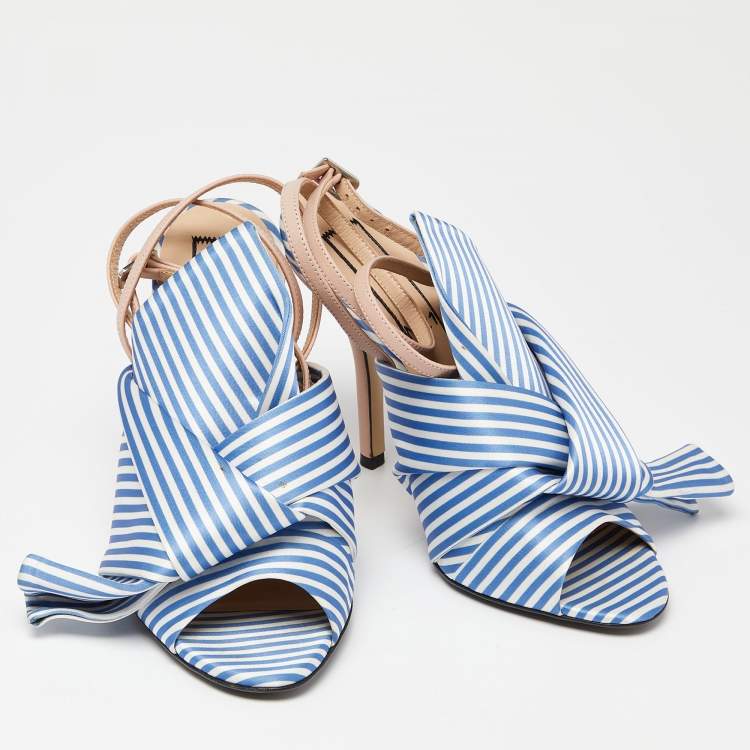 Pre Owned N21 Tricolor Striped Satin and Leather Knotted Ankle Strap Sandals Size 37.5 