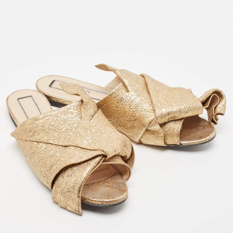 Pre Owned Nº21 Metallic Gold Foiled Leather Knot Open Toe Mules Size 39