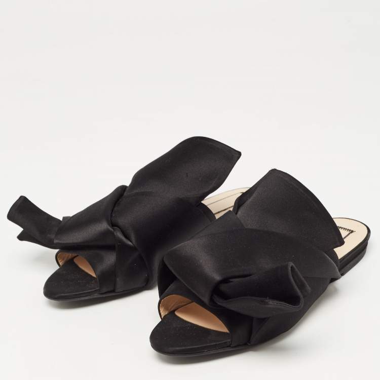 Pre Owned Nº21 Black Satin Knot Flat Slides Size 36