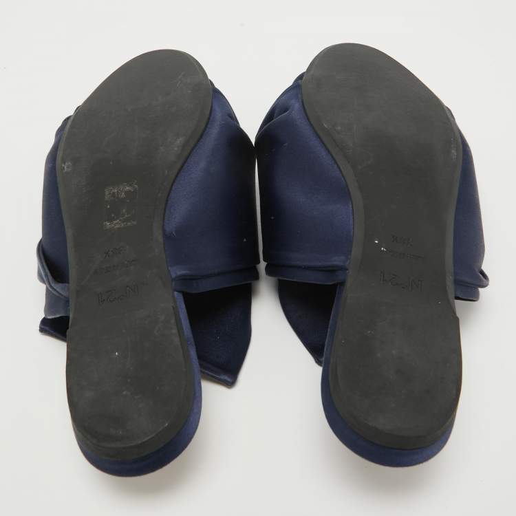 Pre Owned N21 Navy Blue Satin Knot Flat Mules Size 38.5