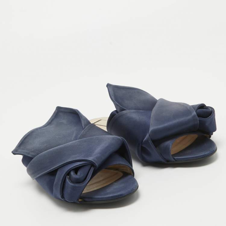 Pre Owned N21 Navy Blue Satin Knot Flat Mules Size 38.5
