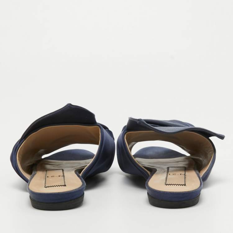 Pre Owned N21 Navy Blue Satin Knot Flat Mules Size 38.5