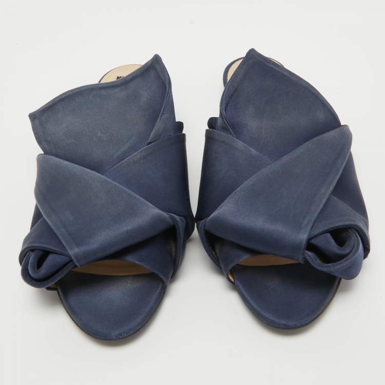 Pre Owned N21 Navy Blue Satin Knot Flat Mules Size 38.5