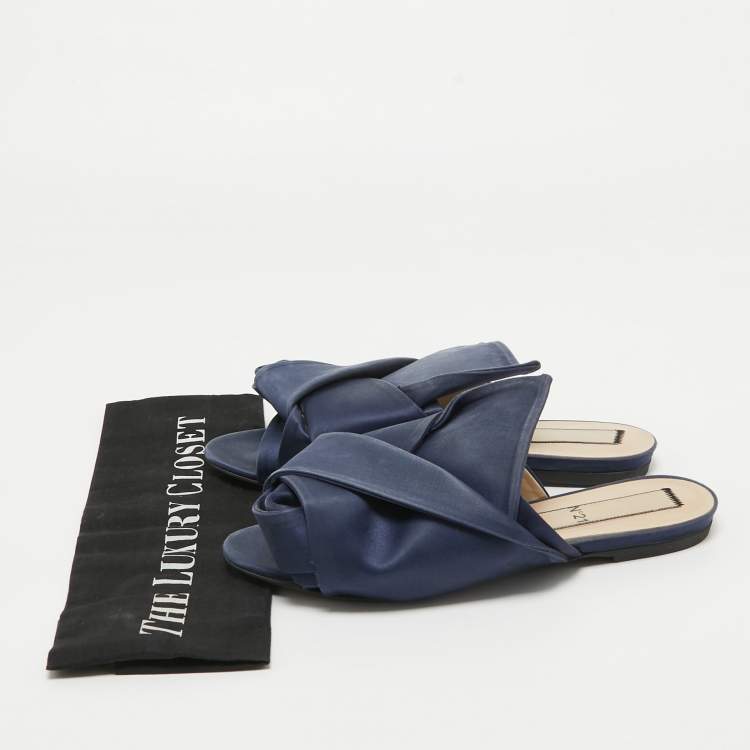 Pre Owned N21 Navy Blue Satin Knot Flat Mules Size 38.5