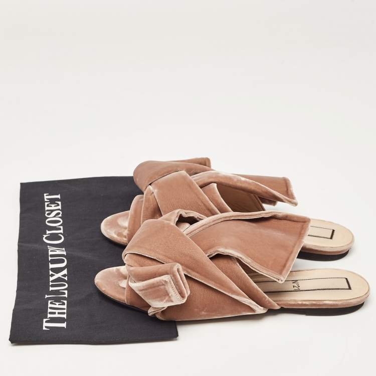 Pre Owned N21 Pale Brown Velvet Raso Knot Flat Slides Size 41