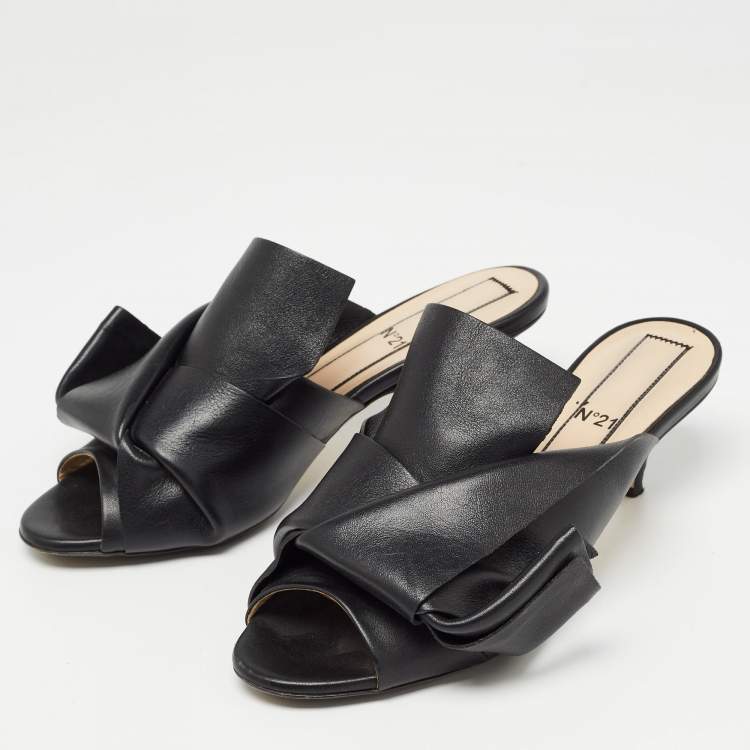 Pre Owned N21 Black Leather Knot Slide Sandals Size 37