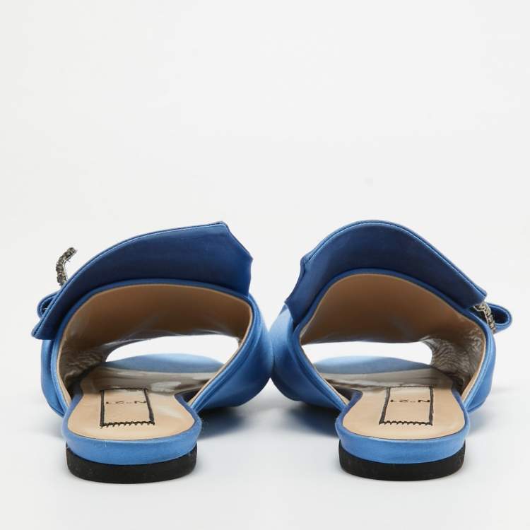 Pre Owned Nº21 Knotted Blue Satin Crystal Embellished Flat Slides Size 37