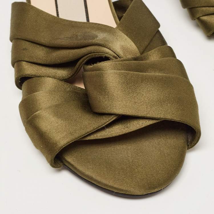 Pre Owned Nº21 Green Satin Knot Studded Heel Flat Slides Size 37