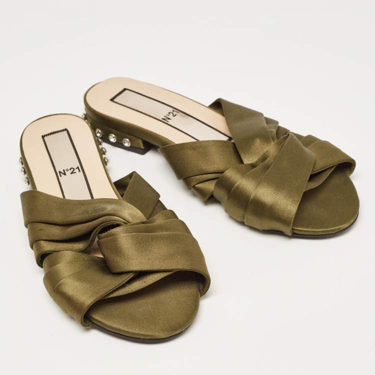 Pre Owned Nº21 Green Satin Knot Studded Heel Flat Slides Size 37