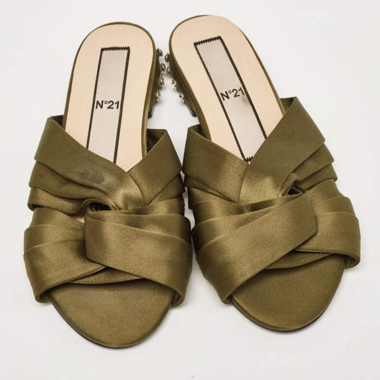 Pre Owned Nº21 Green Satin Knot Studded Heel Flat Slides Size 37