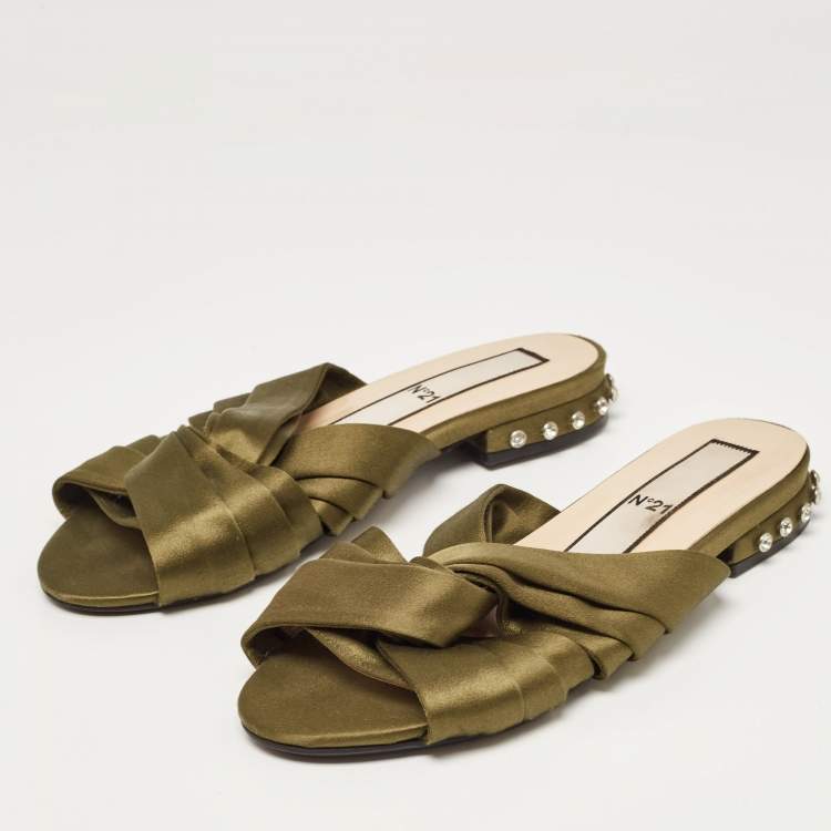 Pre Owned Nº21 Green Satin Knot Studded Heel Flat Slides Size 37