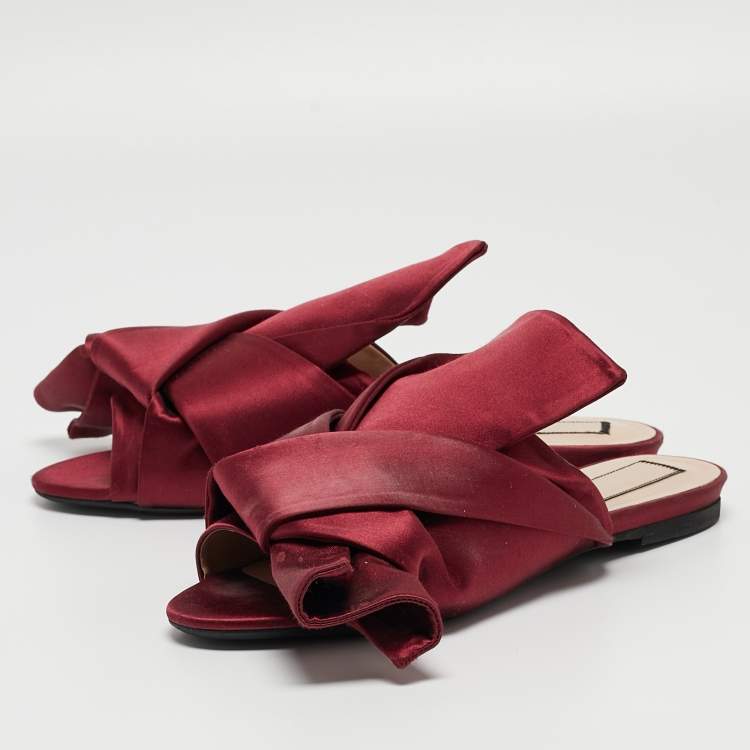 Pre Owned N°21 Burgundy Satin Knot Slide Flats Size 38