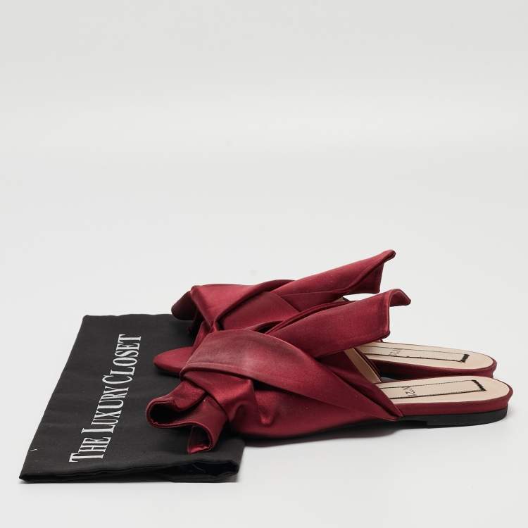 Pre Owned N°21 Burgundy Satin Knot Slide Flats Size 38