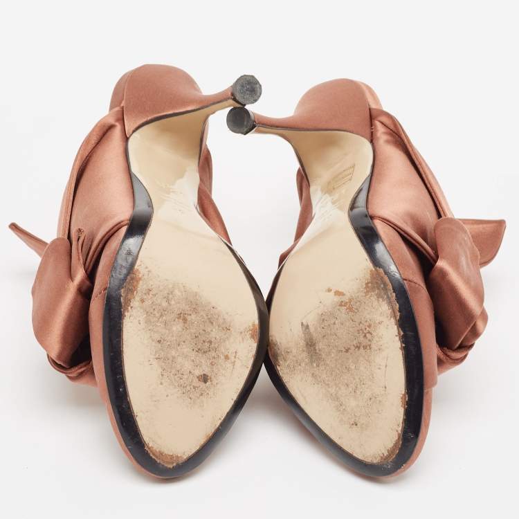 Pre Owned N21 Brown Satin Raso Knot Peep Toe Mules Size 39