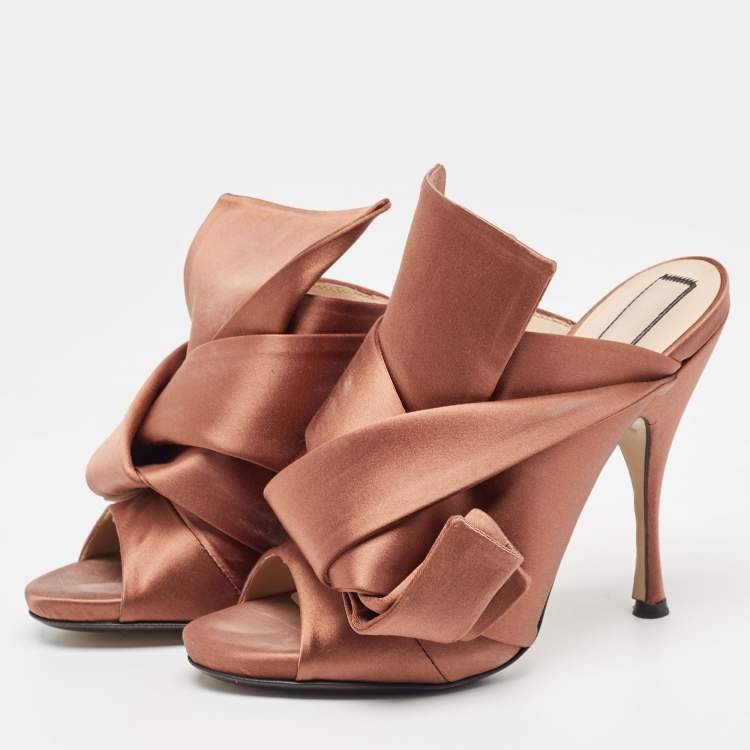 Pre Owned N21 Brown Satin Raso Knot Peep Toe Mules Size 39