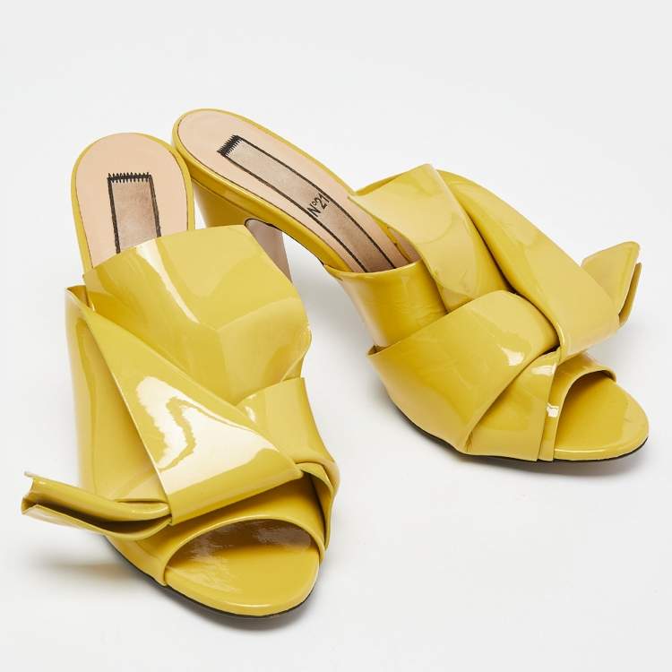 Pre Owned N21 Yellow Patent Leather Raso Knot Peep Toe Mules Size 41