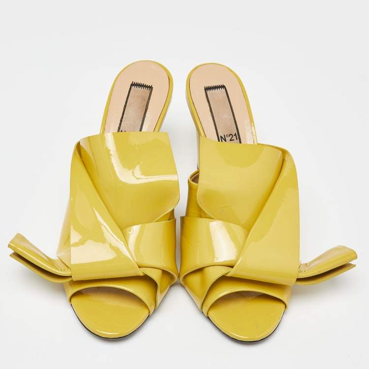 Pre Owned N21 Yellow Patent Leather Raso Knot Peep Toe Mules Size 41