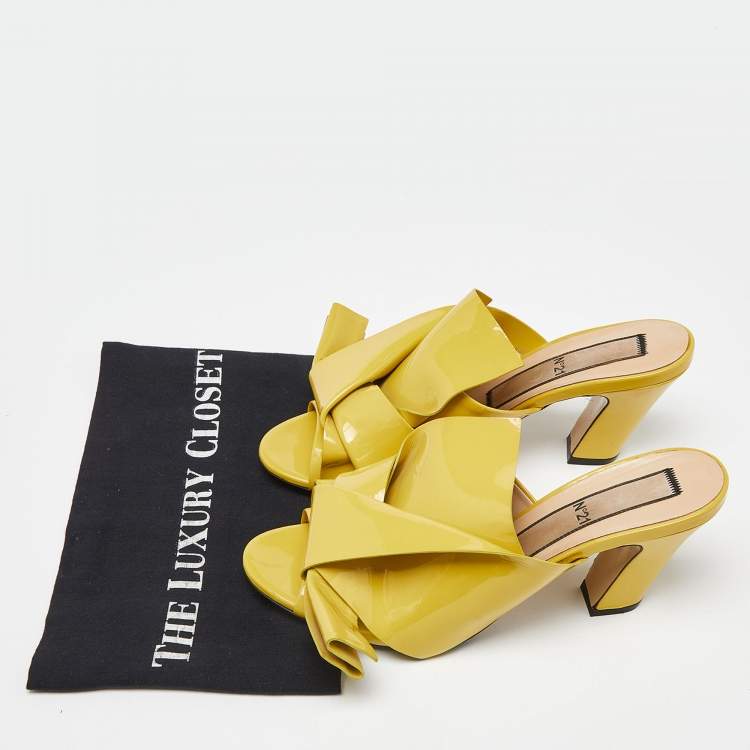 Pre Owned N21 Yellow Patent Leather Raso Knot Peep Toe Mules Size 41
