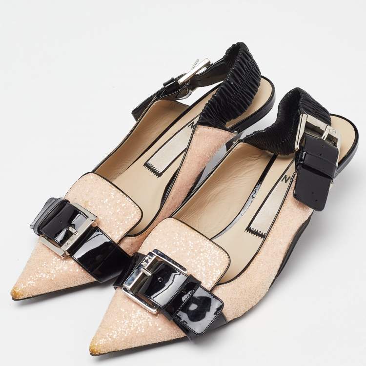 Pre Owned N°21 Pink/Black Glitter and Leather Slingback Pointed Toe Pumps Size 39