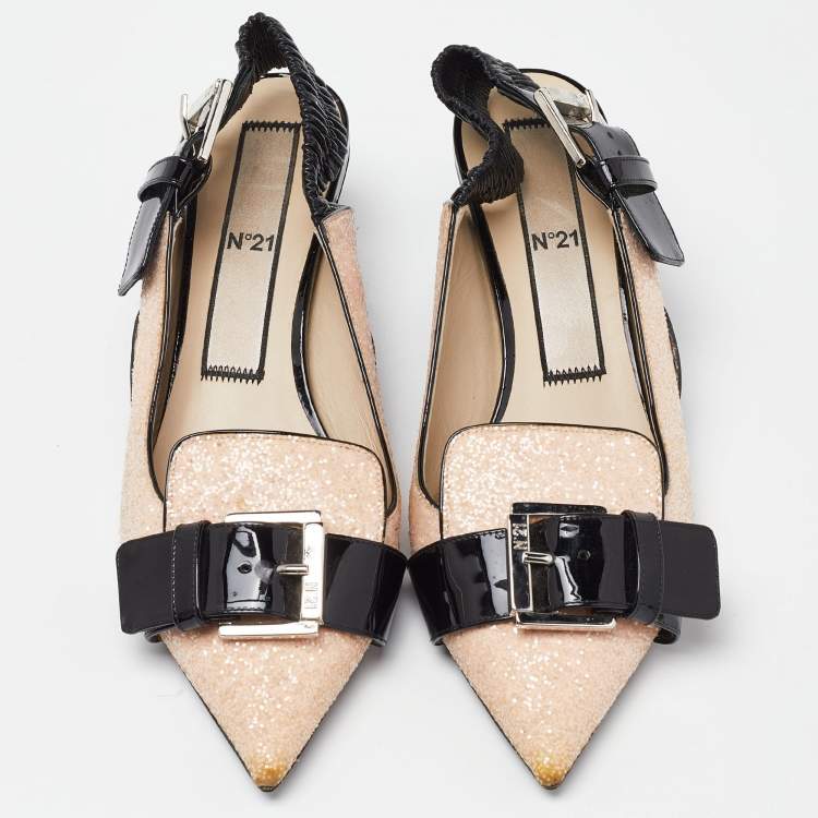 Pre Owned N°21 Pink/Black Glitter and Leather Slingback Pointed Toe Pumps Size 39