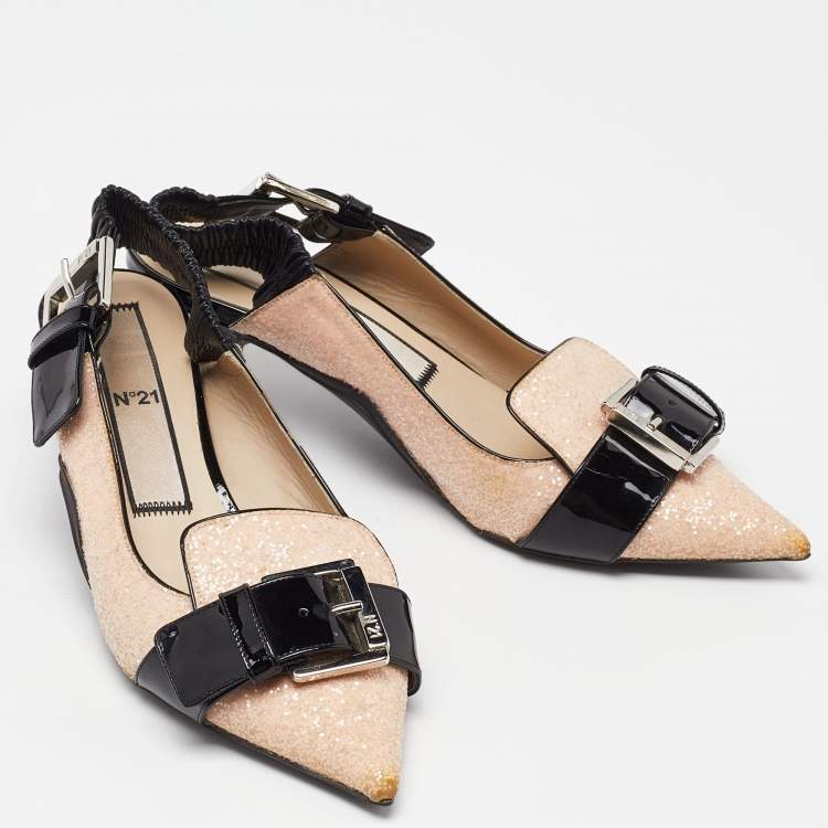 Pre Owned N°21 Pink/Black Glitter and Leather Slingback Pointed Toe Pumps Size 39