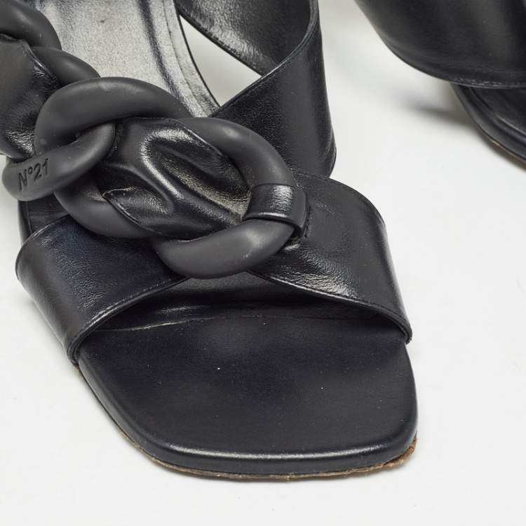 Pre Owned N°21 Black Leather Chain Detail Slide Sandals Size 41