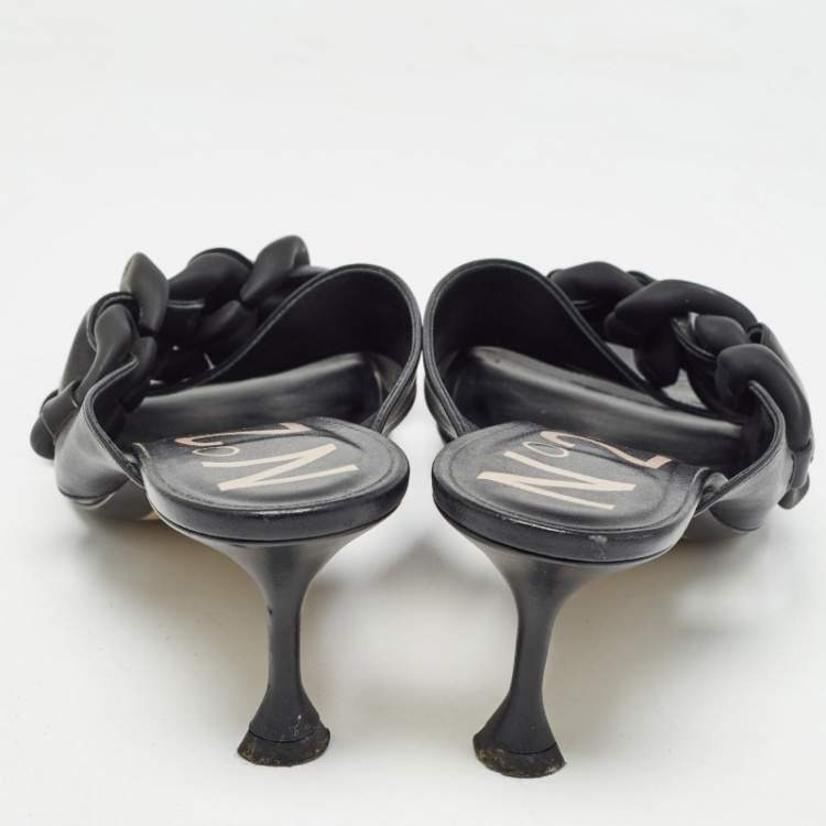 Pre Owned N°21 Black Leather Chain Detail Slide Sandals Size 41