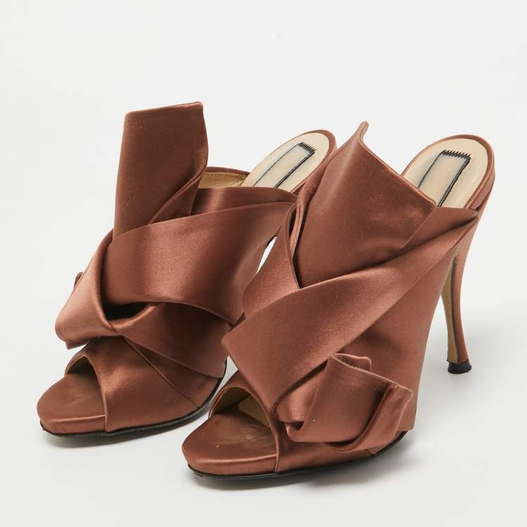 Pre Owned N21 Brown Satin Raso Knot Mules Size 37