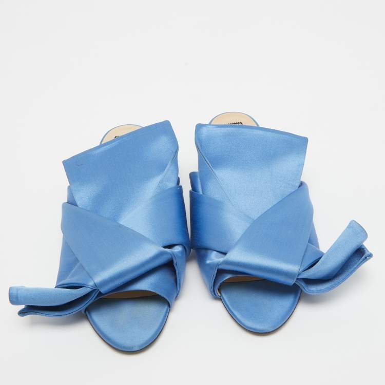 Pre Owned N21 Blue Knotted Satin Flat Slides Size 39