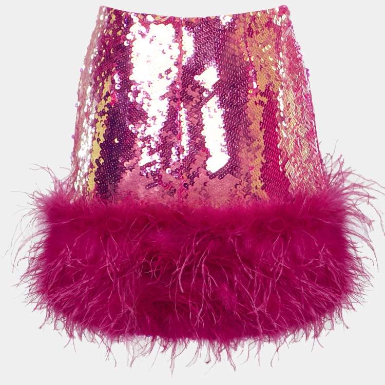 Pre Owned Nadine Merabi Pink Sequin Feather Detail Roxy Mini Skirt S