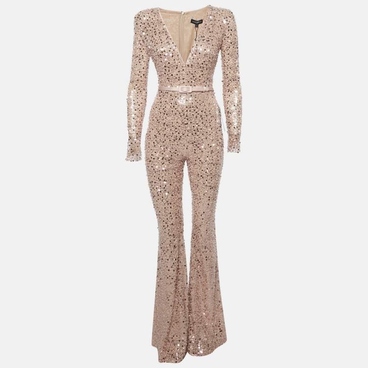 Pre Owned Nadine Merabi Pink Sequin and Beads Embroidered Tulle Eliza Jumpsuit S