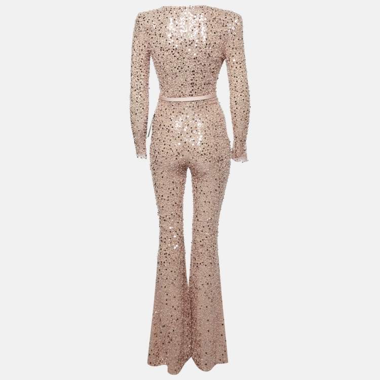 Pre Owned Nadine Merabi Pink Sequin and Beads Embroidered Tulle Eliza Jumpsuit S