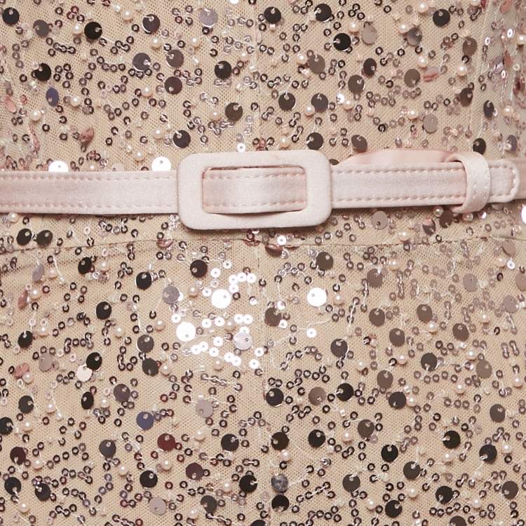 Pre Owned Nadine Merabi Pink Sequin and Beads Embroidered Tulle Eliza Jumpsuit S