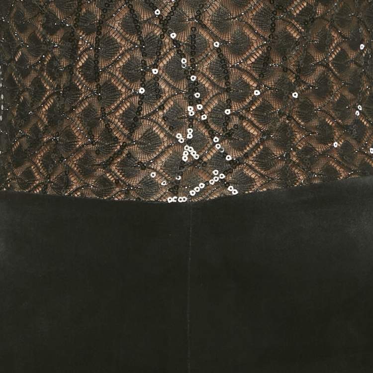 Pre Owned Nadine Merabi Black Sequin Knit and Velvet Feather Trimmed Jumpsuit S