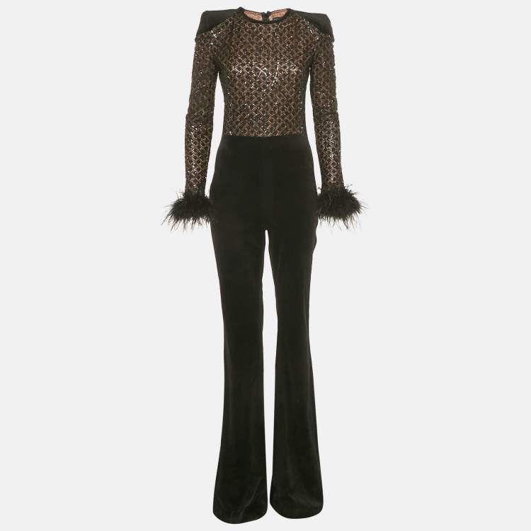 مملوكة مسبقًا Nadine Merabi Black Patterned Sequin Knit and Velvet Feather Detail Jumpsuit M