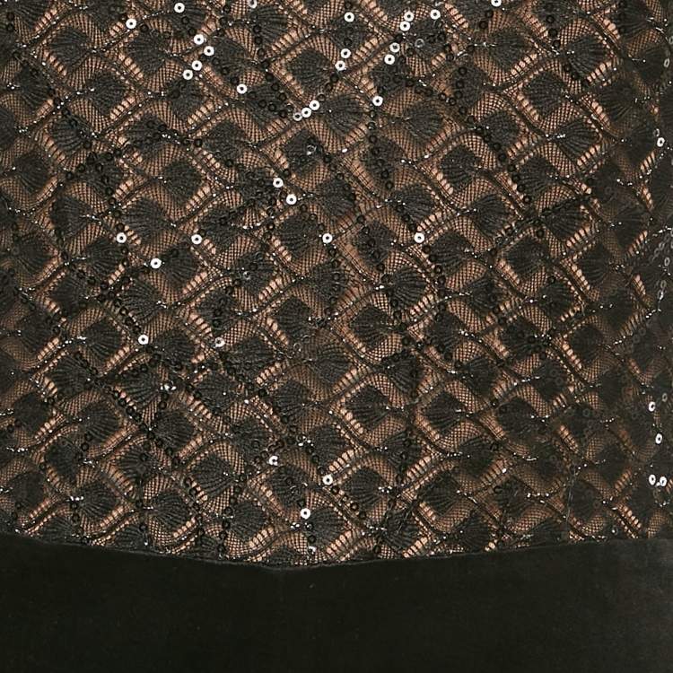 مملوكة مسبقًا Nadine Merabi Black Patterned Sequin Knit and Velvet Feather Detail Jumpsuit M