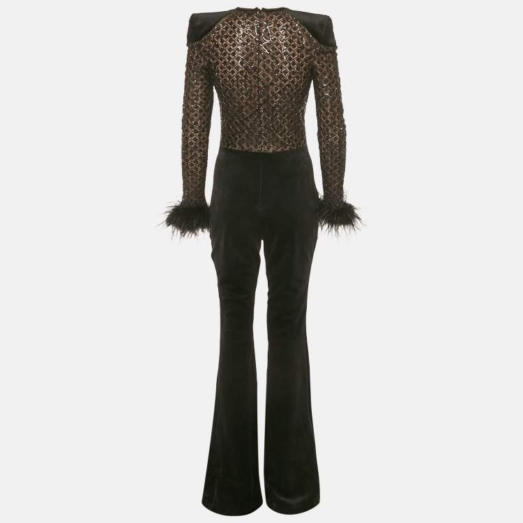 مملوكة مسبقًا Nadine Merabi Black Patterned Sequin Knit and Velvet Feather Detail Jumpsuit M