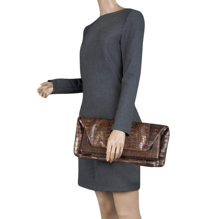Pre Owned Nancy Gonzalez Metallic Brown Crocodile Frame Foldover Clutch