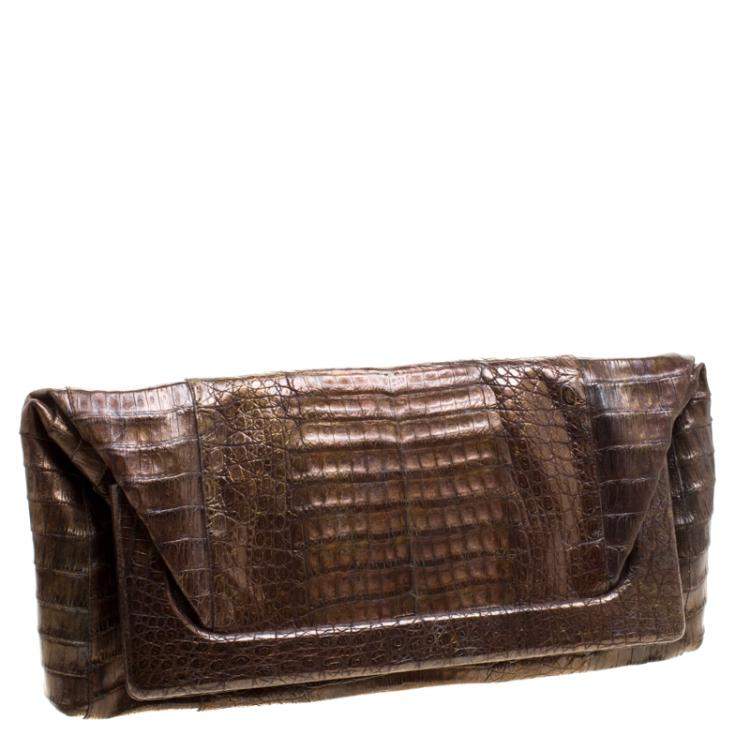 Pre Owned Nancy Gonzalez Metallic Brown Crocodile Frame Foldover Clutch