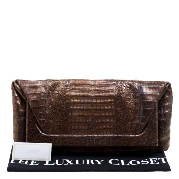 Pre Owned Nancy Gonzalez Metallic Brown Crocodile Frame Foldover Clutch