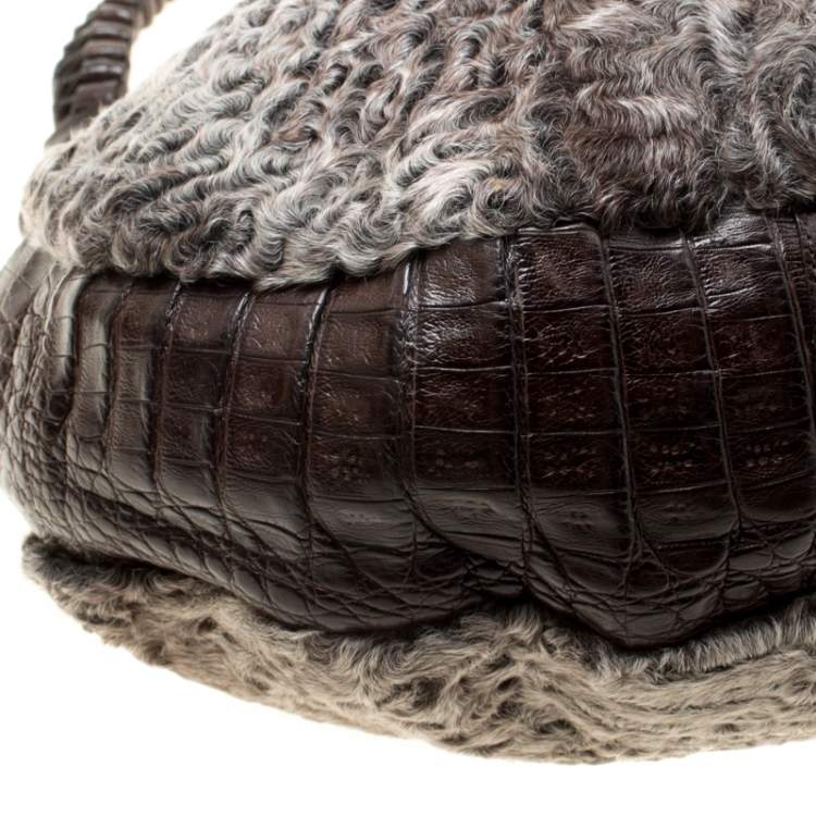 Pre Owned Nancy Gonzalez Grey/Brown Fur and Crocodile Hobo