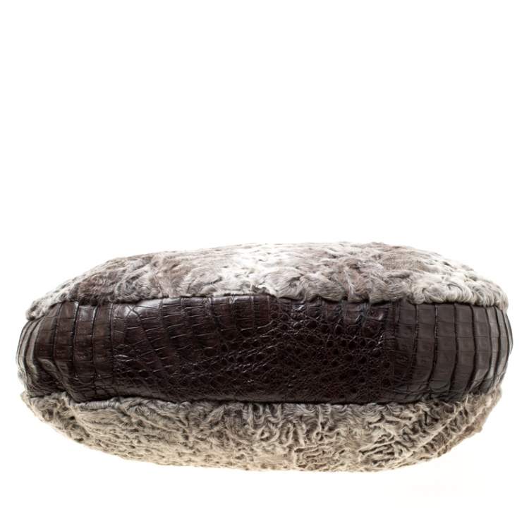 Pre Owned Nancy Gonzalez Grey/Brown Fur and Crocodile Hobo