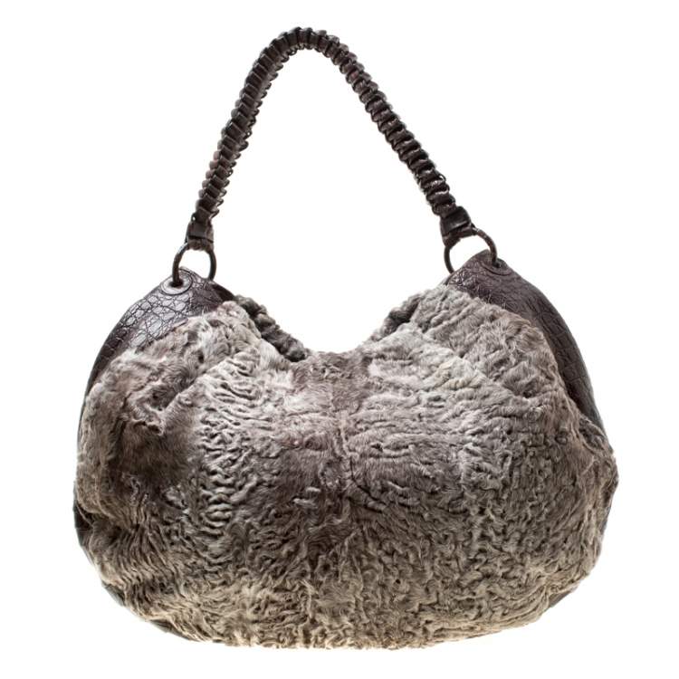 Pre Owned Nancy Gonzalez Grey/Brown Fur and Crocodile Hobo