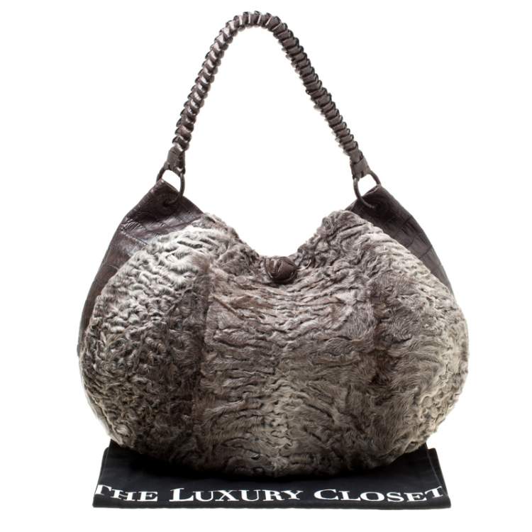 Pre Owned Nancy Gonzalez Grey/Brown Fur and Crocodile Hobo